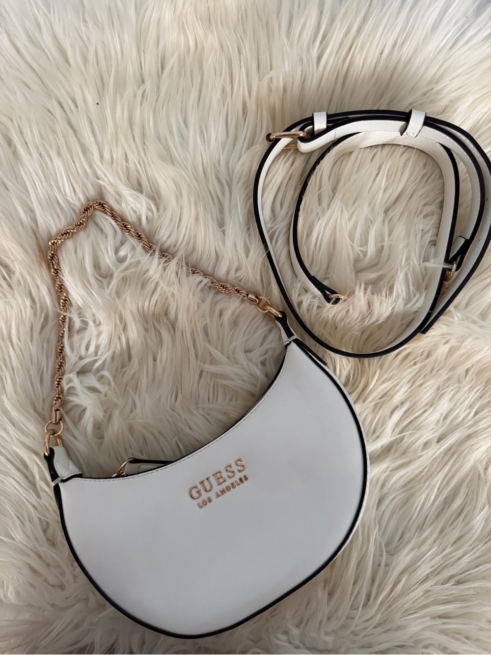 GUESS White Crescent Crossbody with Gold Chain Accent